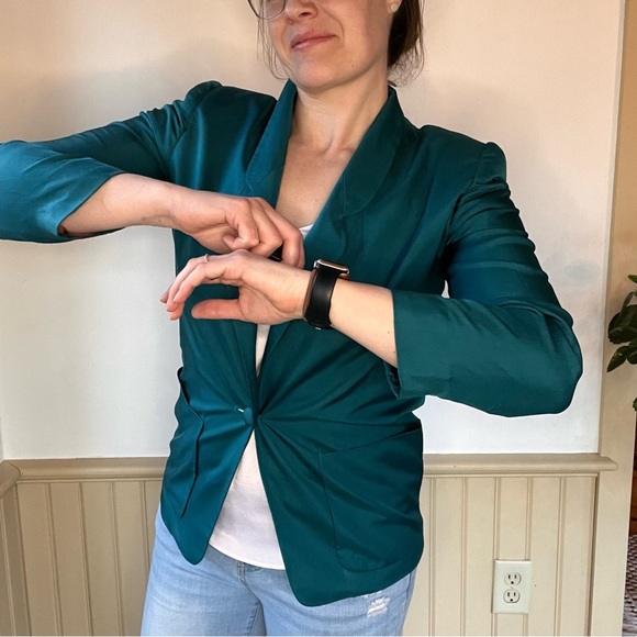 Vintage Evan Picone Silk Emerald Blazer  Lined Front Button Single Breasted - Picture 3 of 9